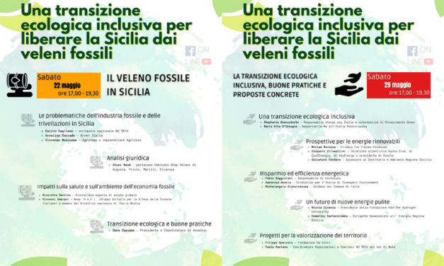 Domani e il 29 maggio due iniziative del Coordinamento No Triv Sicilia sulla Transizione Ecologica