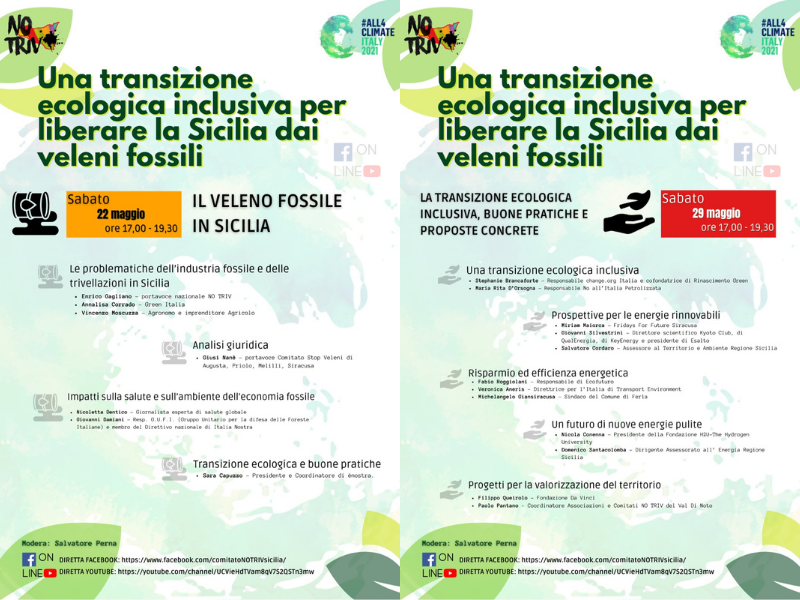 Domani e il 29 maggio due iniziative del Coordinamento No Triv Sicilia sulla Transizione Ecologica